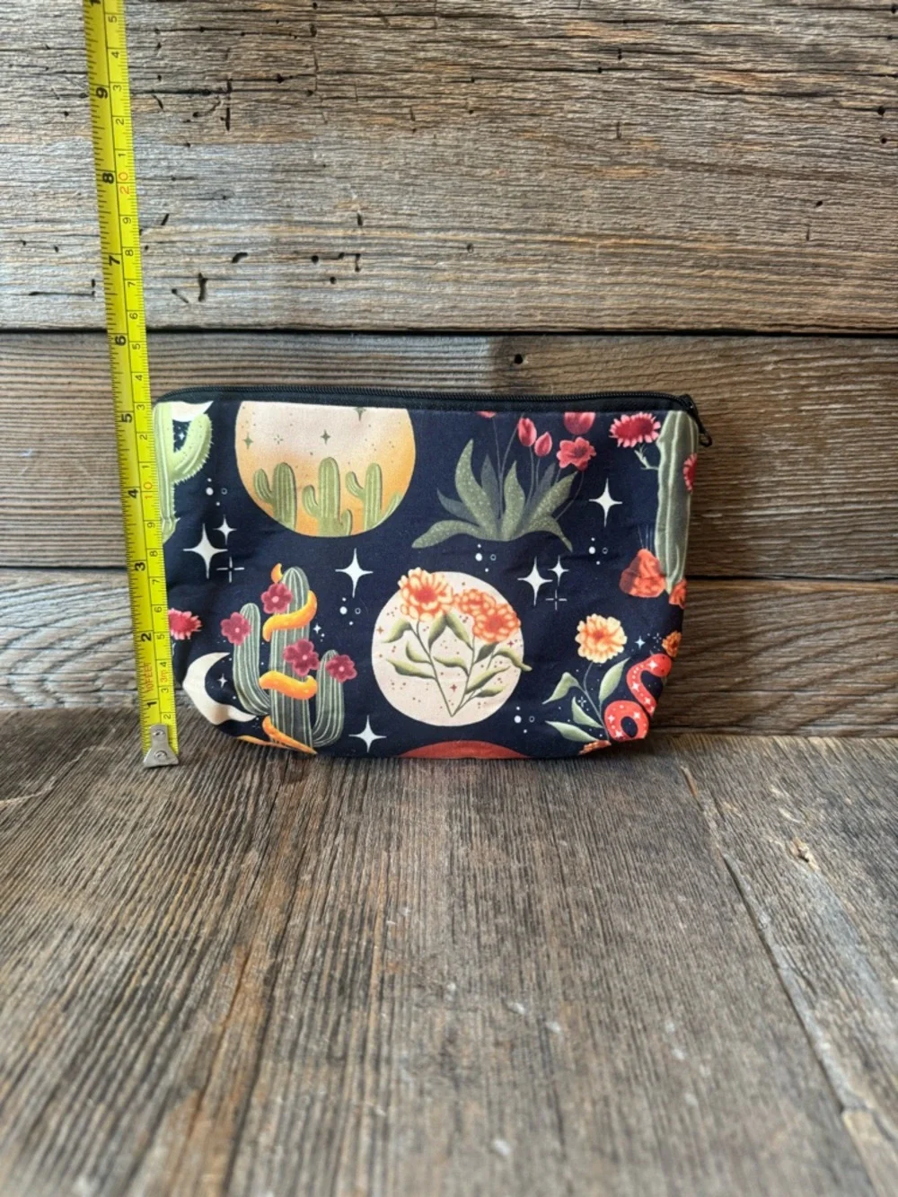 Celestial Desert Floral Zip Pouch - Black with Green, Orange & Pink Accents